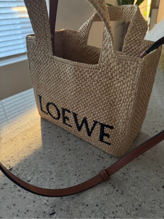 Loewe Handbags - Loewe Natural Straw Tote with Black Logo and Brown Strap